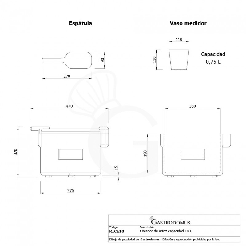 Cocedor de arroz capacidad 10 L diámetro 470 mm x A 370 mm 1,6 KW