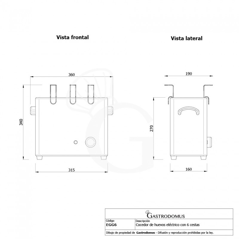 Cocedor de huevos eléctrico de acero inoxidable con capacidad para 6 cestas L 360 mm x P 190 mm x A 340 mm - 2.6 KW