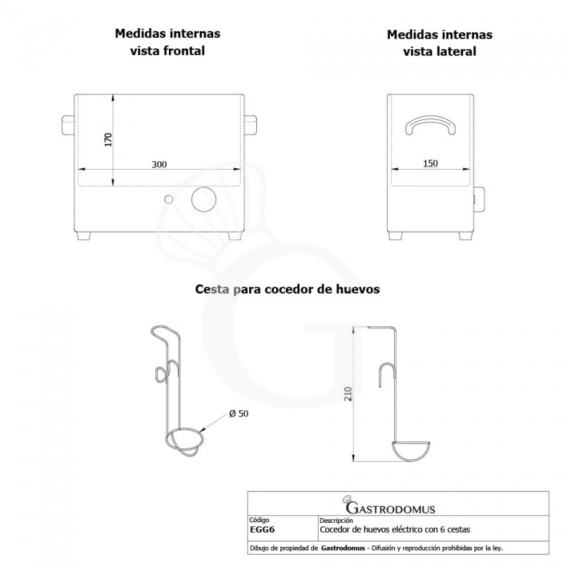Cocedor de huevos eléctrico de acero inoxidable con capacidad para 6 cestas L 360 mm x P 190 mm x A 340 mm - 2.6 KW