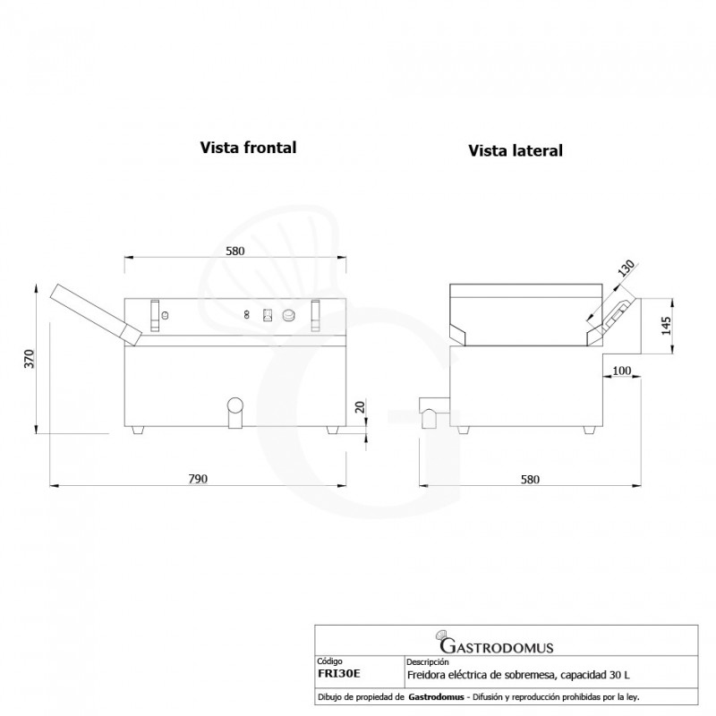 Freidora eléctrica de sobremesa 1 cuba de 30 LT con control de temperatura, 4800 W, Monofásica