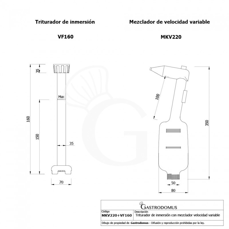 Triturador de inmersión con velocidad variable 220 W - 2500 / 5000 rpm