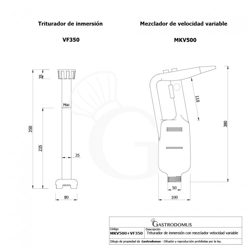 Triturador de inmersión con velocidad variable 500 W - 2000 / 14000 rpm