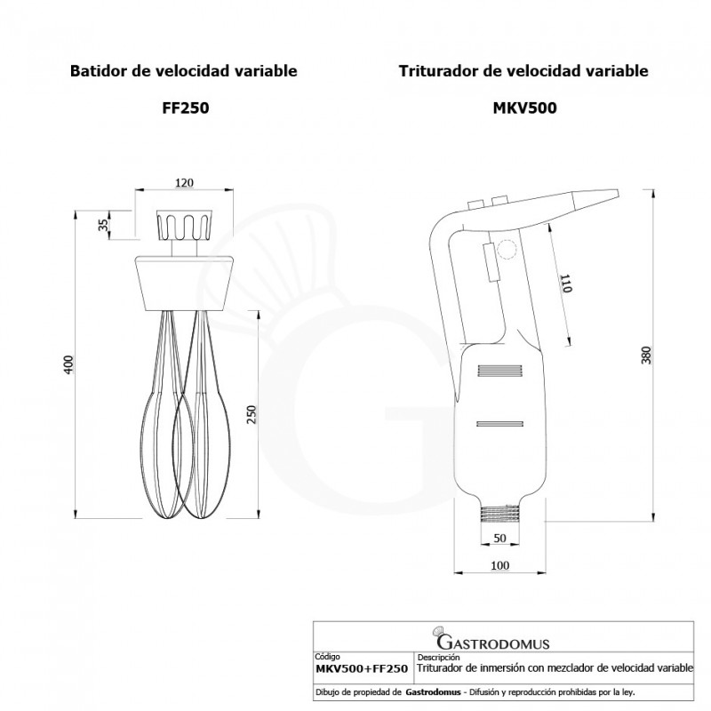 Triturador de inmersión con batidor velocidad variable 500 W - 2000/14000 rpm