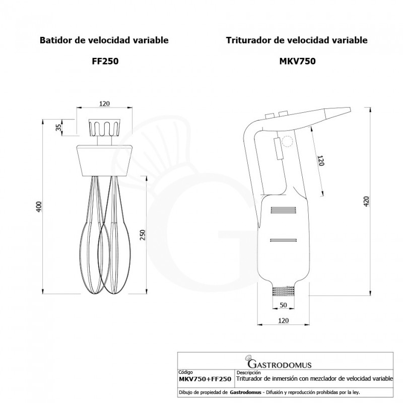Triturador de inmersión con batidor velocidad variable 750 W - 8000/20000 rpm