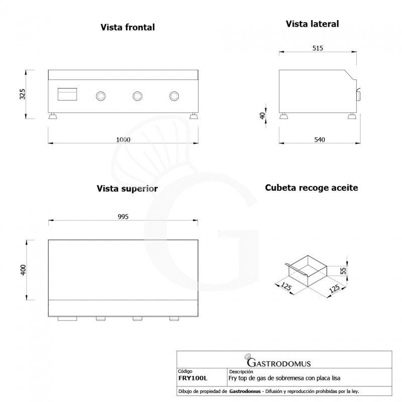 Fry Top de gas de sobremesa placa lisa L 1000 mm x P 540 mm x A 325 mm