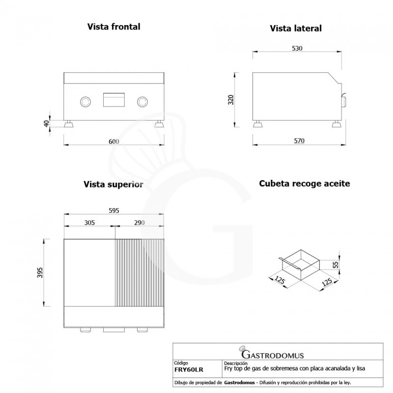 Fry Top de gas de sobremesa placa lisa y acanalada L 600 mm x P 570 mm x A 320 mm