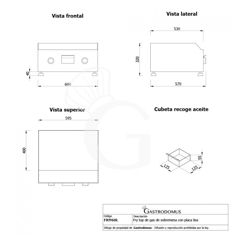 Fry Top de gas de sobremesa placa lisa L 600 mm x P 570 mm x A 320 mm