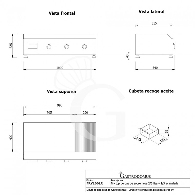 Fry Top de gas de sobremesa placa 3/4 lisa y 1/4 acanalada L 1000 mm x P 540 mm x A 325 mm