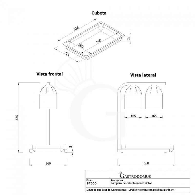 Lámpara doble caliente para fritos-dimensiones L 550 x P 360 x H 660 mm