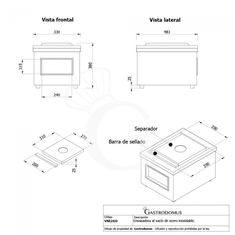 Envasadora al vacío de acero inoxidable barra de sellado 260 mm L 330 mm x P 483 mm x A 380 mm