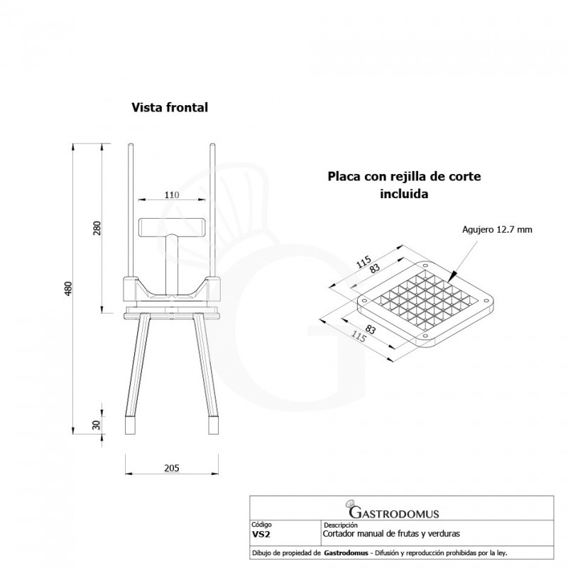 Cortador manual de frutas y verduras palitos L 205 mm x P 205 mm x A 480 mm