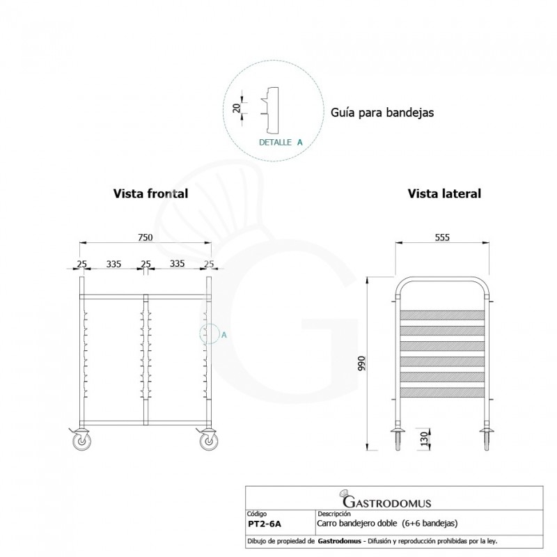 Carro bandejero doble para 6+6 bandejas GN1/1 - L 750 mm x P 555 mm x A 990 mm