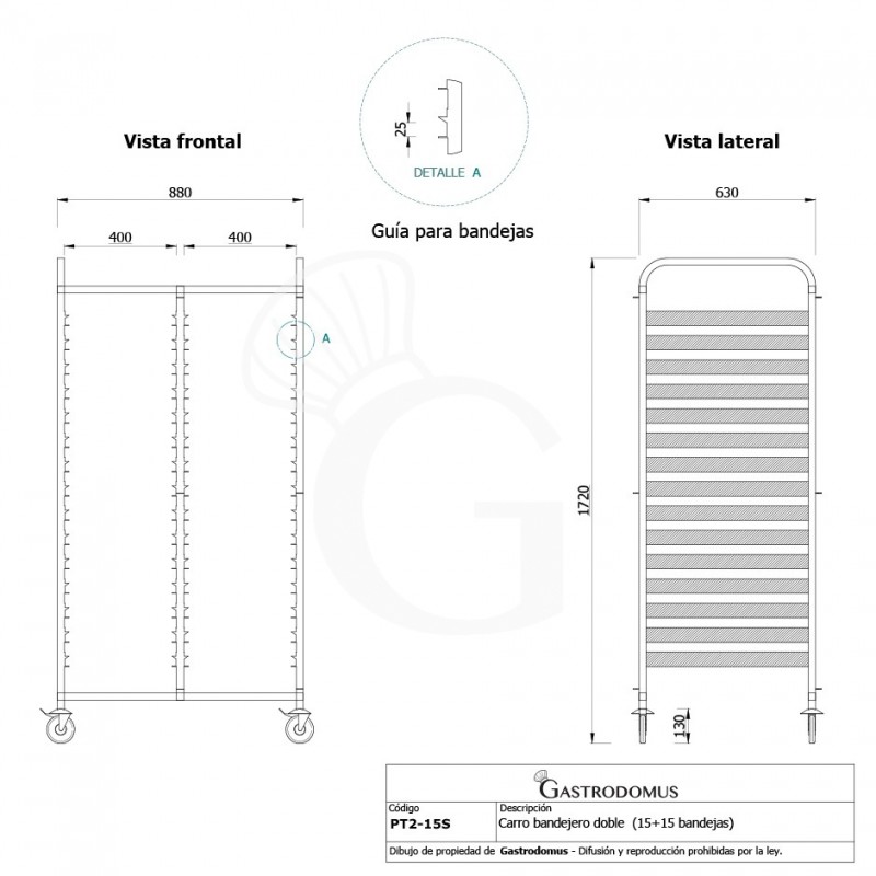Carro bandejero para 15 bandejas 600x400 mm - L 455 mm x P 625 mm x A 1720 mm