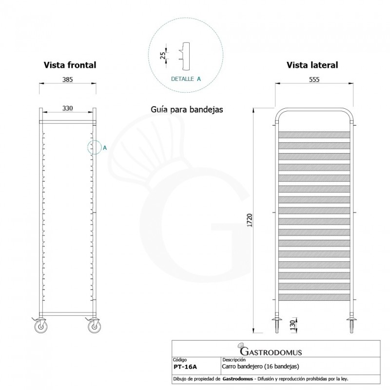 Carro bandejero para 16 bandejas GN1/1 - L 385 mm x P 555 mm x A 1720 mm
