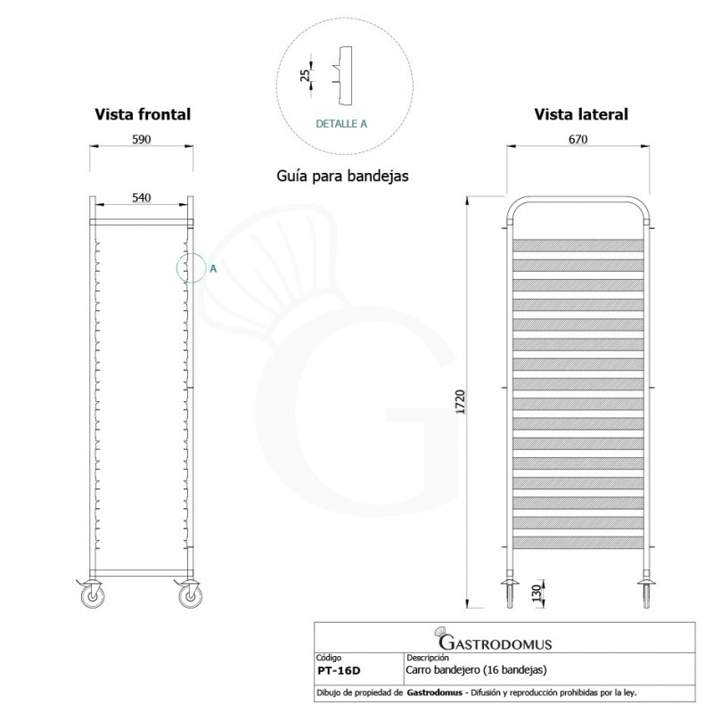 Carro bandejero para 16 bandejas GN2/1 - L 590 mm x P 670 mm x A 1720 mm