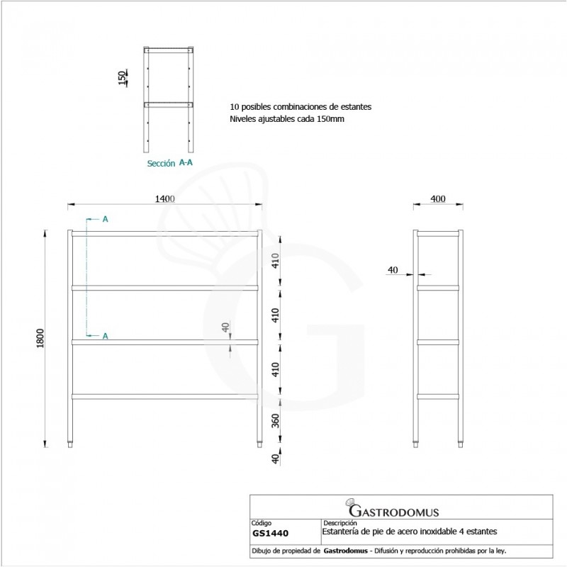 Estantería de pie de acero inoxidable 4 estantes L 1400 x P 400 x A 1800 mm