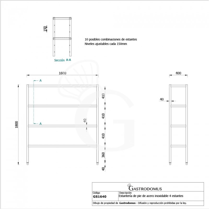 Estantería de acero inoxidable con 4 estantes L 1600 mm x P 400 mm x H 1800 mm