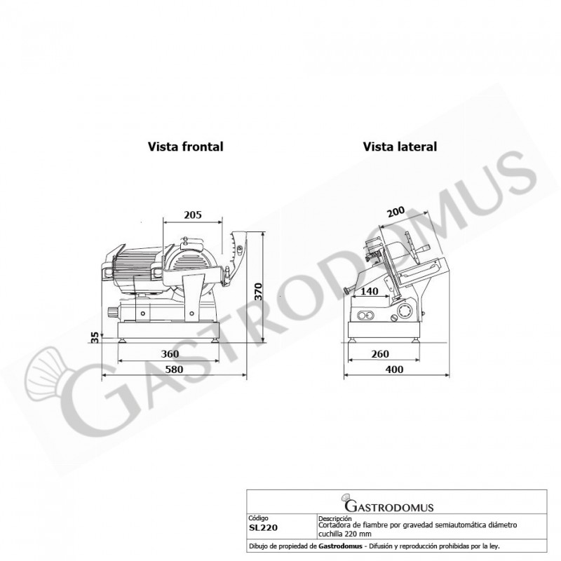 Cortadora de fiambre por gravedad semiautomática en acero inoxidable anodizado, diámetro cuchilla 220 mm - Monofásica
