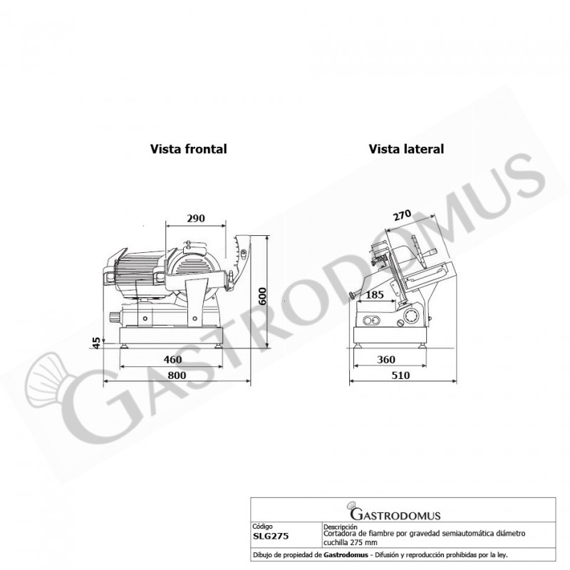 Cortadora de fiambre por gravedad semiautomática con tablero revestido gris, diámetro cuchilla 275 mm - Monofásica