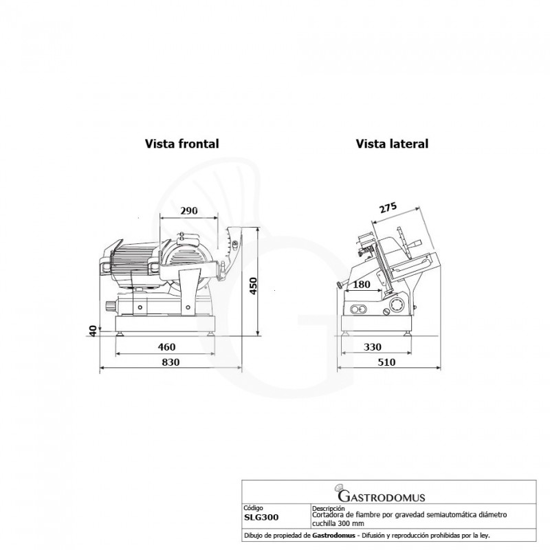Cortadora de fiambre por gravedad semiautomática con tablero revestido gris, diámetro cuchilla 300 mm - Monofásica