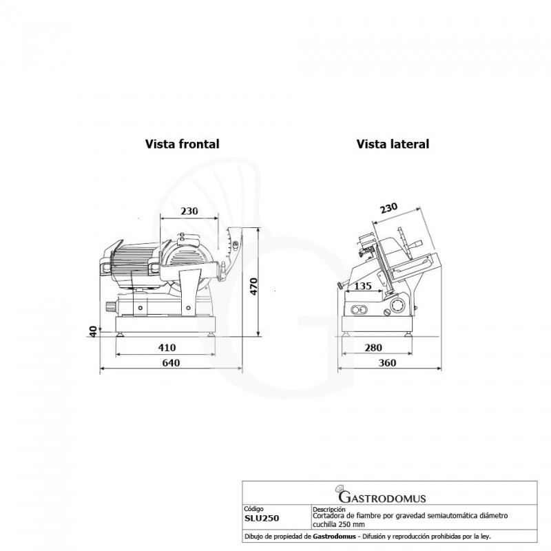 Cortadora de fiambre por gravedad semiautomática con asas de aluminio diámetro cuchilla 250 mm - Monofásica
