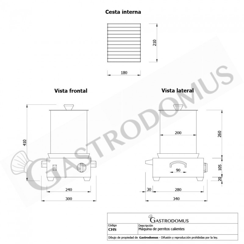 Máquina de perritos calientes con 800 W de potencia y dimensiones L 350 mm x P 350 mm x A 440 mm