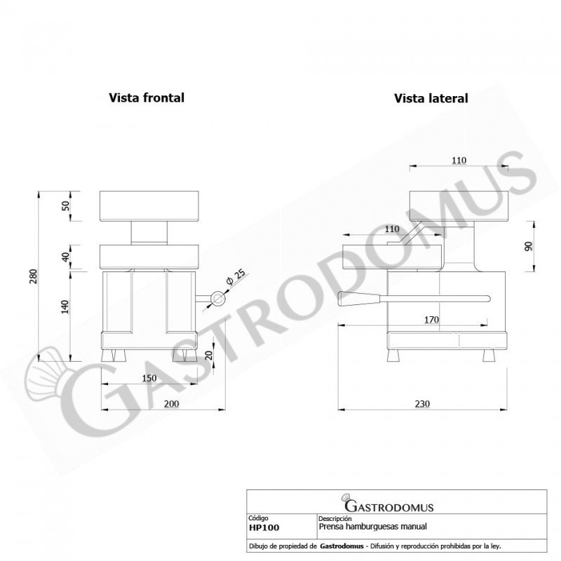 Prensa hamburguesas manual Ø 100 mm L 280 mm x P 230 mm x A 310 mm