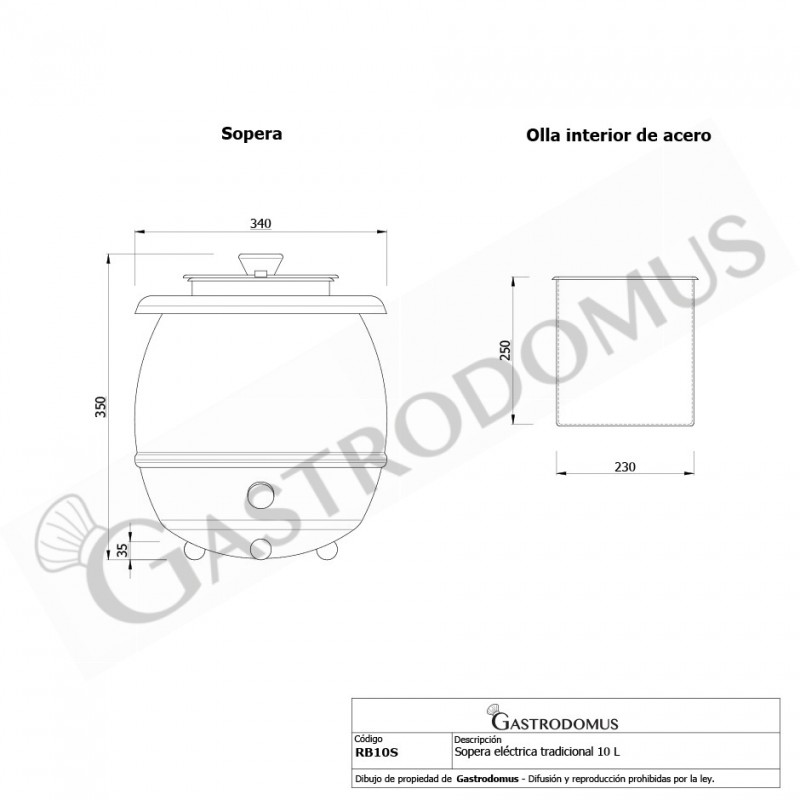 Sopera de 10 litros de capacidad con una estructura de acero inoxidable y hervidor de Ø 340 mm x 350 mm
