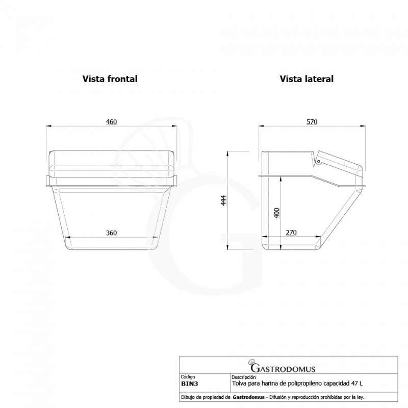 Tolva para harina de sobremesa de polipropileno capacidad 47 L - L 570 mm x P 460 mm x A 444 mm