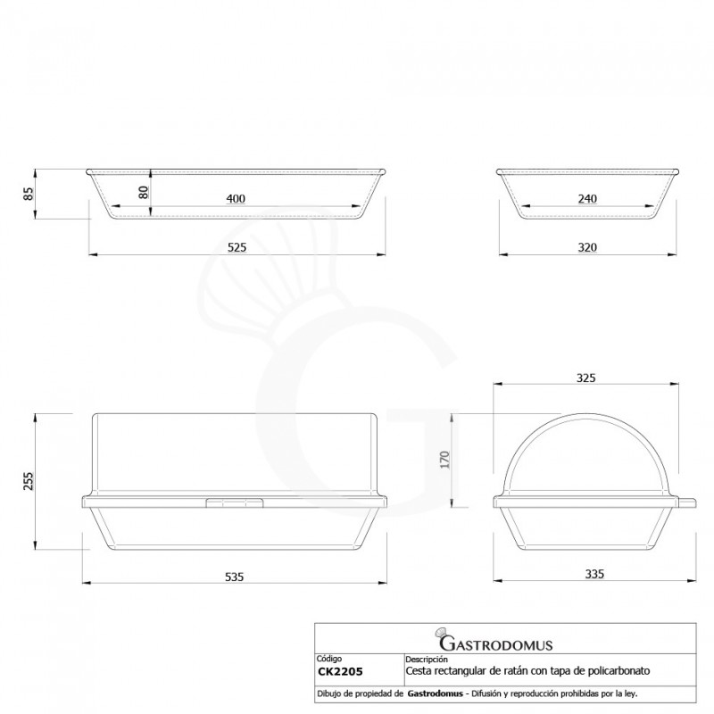 Cesta rectangular de ratán con tapa de policarbonato L 535 x P 335 x A 255 mm