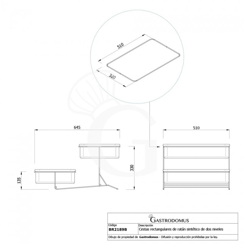 Cestas rectangulares de ratán sintético de dos pisos L 645 mm x P 500 mm x A 330/135 mm