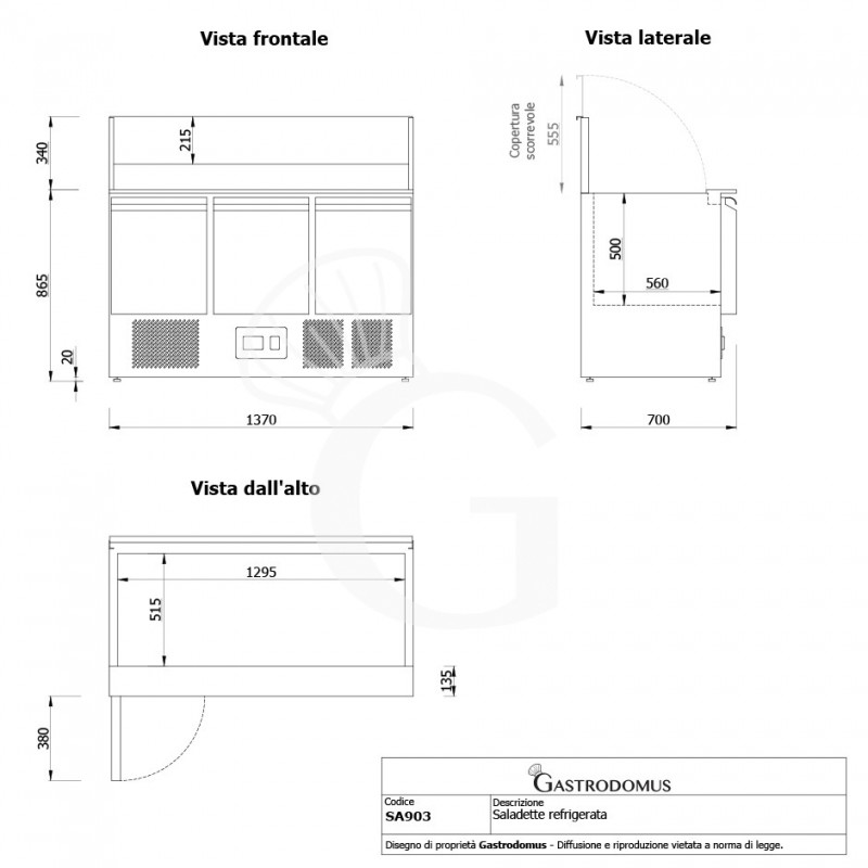 Mesa fría para ensaladas, 3 Puertas, Temperatura +2°C/+8°C, tapa de acero inoxidable