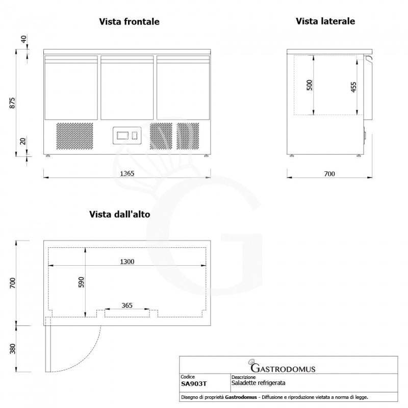 Mesa fría refrigerada de 3 puertas, temperatura +2 °C/+8 °C, encimera de acero inoxidable