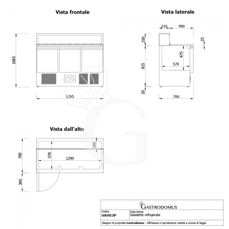 Mesa fria para ensaladas 3 puertas, temperatura +2°C/+8°C, encimera de granito