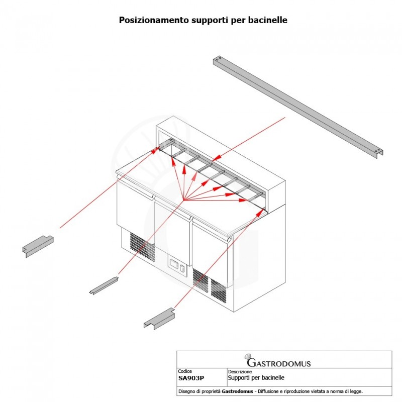 Mesa fria para ensaladas 3 puertas, temperatura +2°C/+8°C, encimera de granito