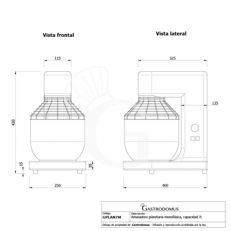 Amasadora planetaria monofásica cuba extraíble - capacidad para 7LT