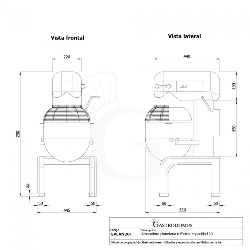 Amasadora planetaria trifásica de cuba fija 3 velocidades capacidad 20 L