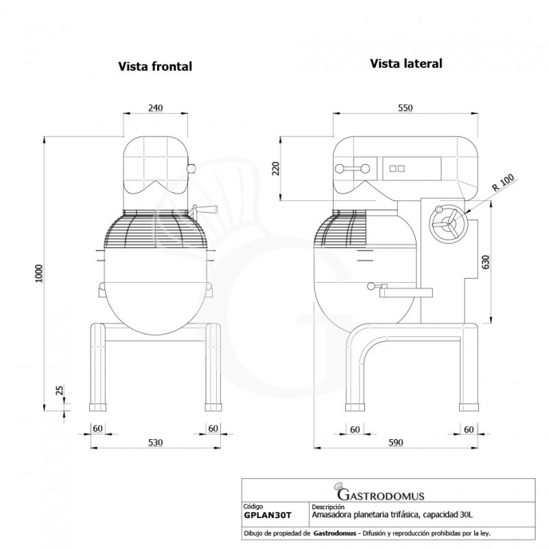 Amasadora planetaria trifásica de cuba fija 3 velocidades capacidad 30 L