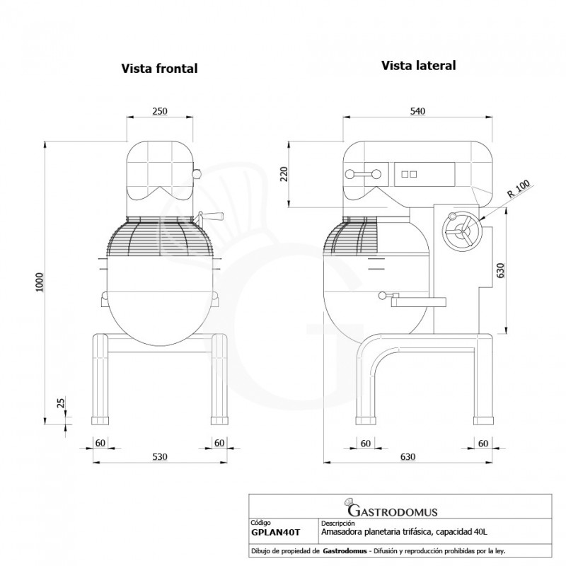 Amasadora planetaria trifásica de cuba fija 3 velocidades capacidad 40 L