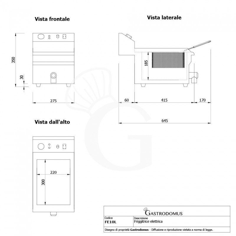 Friggitrice elettrica da banco con rubinetto 1 vasca 10 LT 3 KW Monofase