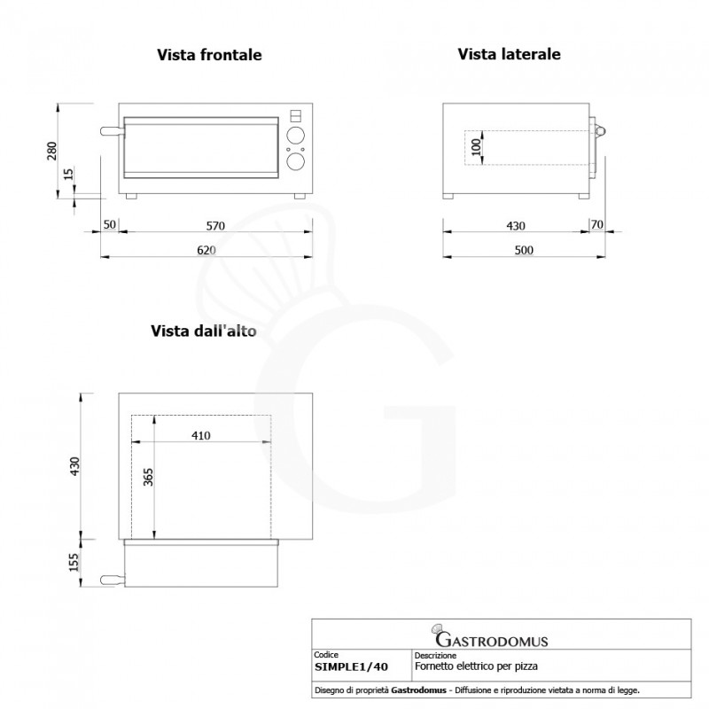 Horno pequeño eléctrico 1 Pizza diámetro 320 MM 1 Cámara Control mecánico Temperatura 320°C potencia 1,6 Kw