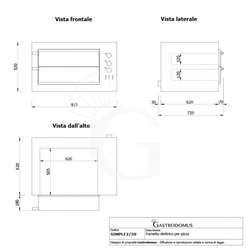 Horno pequeño eléctrico 2 Pizzas diámetro 450 MM 2 Cámaras Control mecánico Temperatura 455°C potencia 7,5 Kw