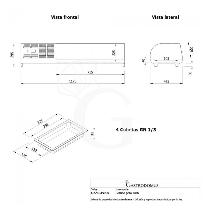 Vitrina Refrigerada para sushi 4 Cubetas GN1/3 190 W