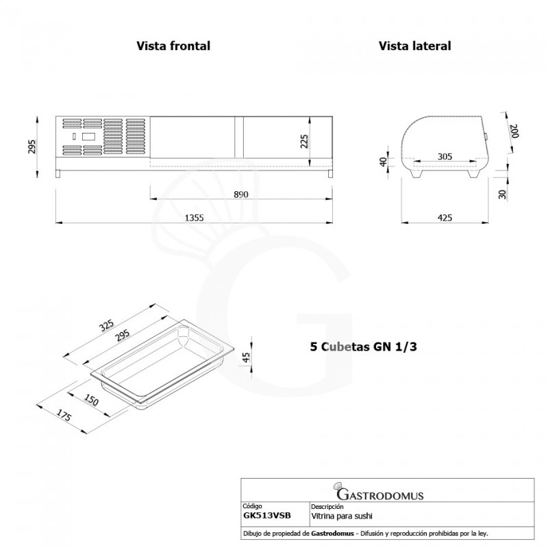 Vitrina Refrigerada para sushi 5 Cubetas GN1/3 190 W