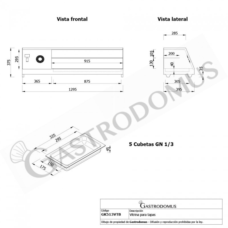 Vitrina Refrigerada para tapas 5 Cubetas GN1/3, 160 W, l 1295 mm x p 395 mm x h 375 mm
