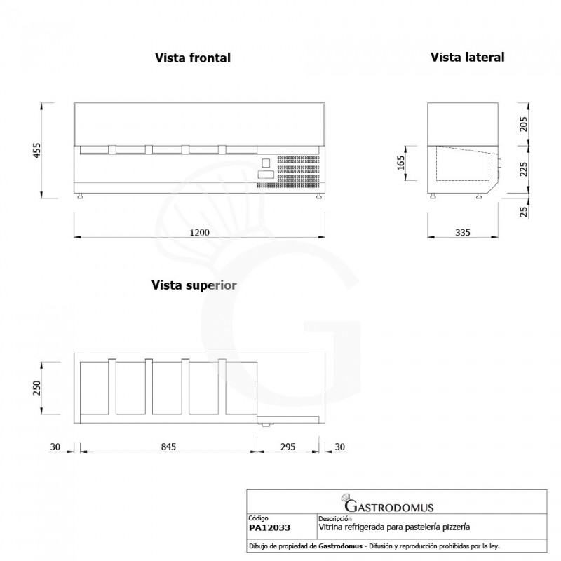 Vitrina Refrigerada horizontal para pizzería, L 1200 mm, Capacidad 5 cubetas GN1/4