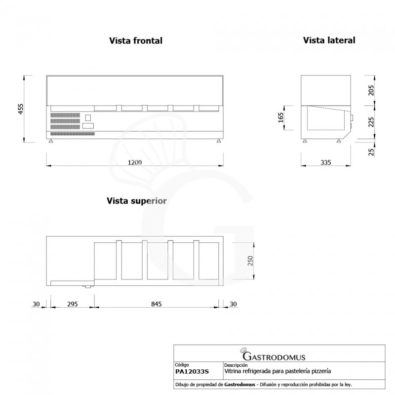 Vitrina Refrigerada horizontal para pizzería con motor a la izquierda, L 1200 mm, Capacidad 5 cubetas GN1/4