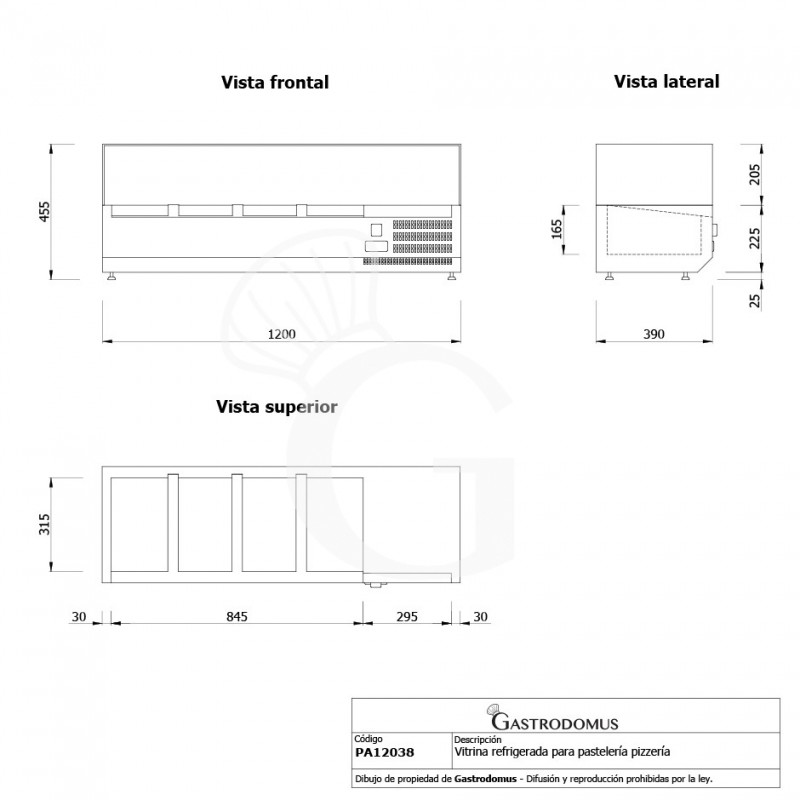 Vitrina Refrigerada horizontal para pizzería, L 1200 mm, Capacidad 3 cubetas GN1/3 + 1 cubeta GN1/2