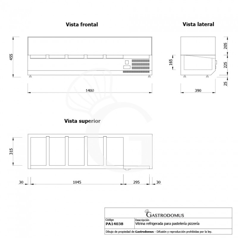 Vitrina Refrigerada horizontal para pizzería, Capacidad 4 Cubetas GN1/3 + 1 Cubeta GN1/2