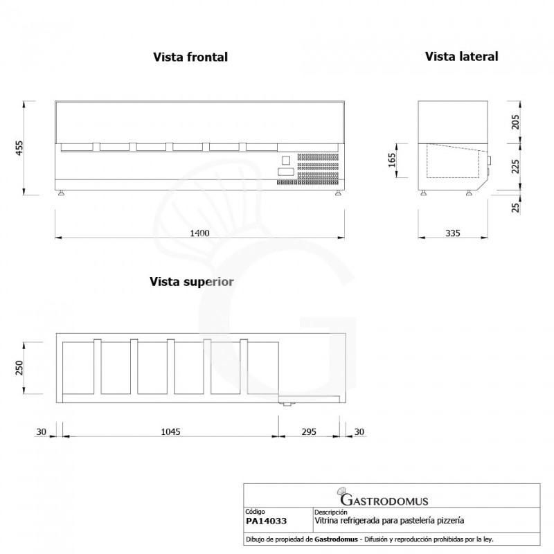 Vitrina Refrigerada horizontal para pizzería, 1400 mm de longitud, Capacidad 6 cubetas GN1/4